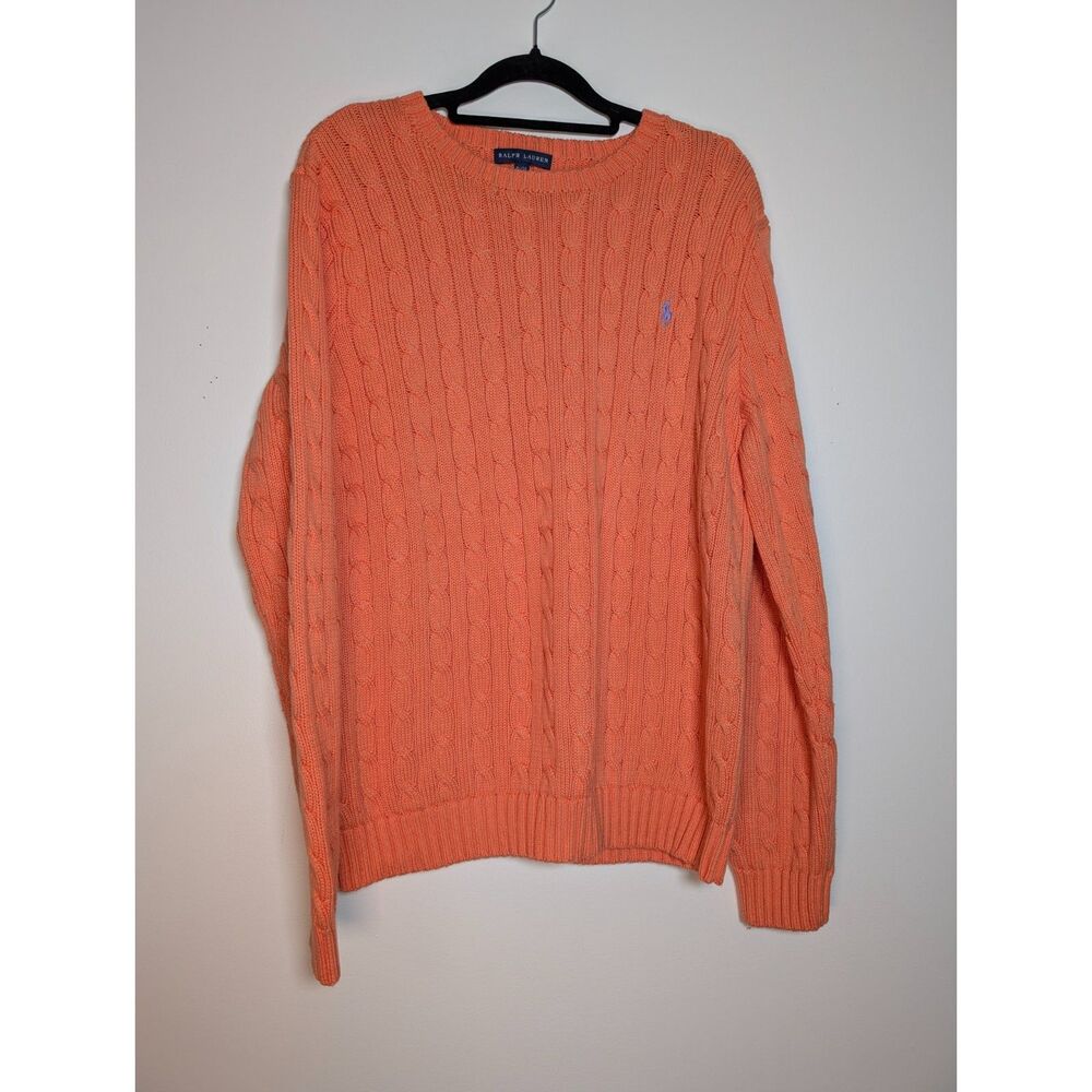 Ralph Lauren Y2K Coral Cable Knit Cotton Sweater XL Preppy Pony Logo Old Money - Picture 2 of 7